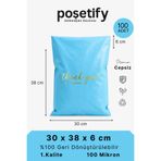 Poşetify Premium Renkli Kargo Poşeti 30x38x6 cm | 100 Adet | Thank You Baskılı | Mavi | İç Göstermez