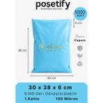 Poşetify Premium Renkli Kargo Poşeti 30X38X6 cm | 5000 Adet | Thank You Baskılı | Mavi | Iç Göstermez