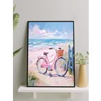 Postermanya Pink Ride, Pembe Sürüş Bisiklet İzlenimci Sanat Deniz Manzaralı Çerçeveli Tablo - Çerçeveli Poster