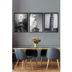 Postermanya (pster14890) Ünlü Yapılar Manzara Eyfel, Özgürlük Heykeli, Pisa Kulesi 3 Parçalı Çerçeve Seti 30 x 40