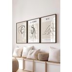 Postifull Çerçeveli Tablo Seti, 3 Adet Siyah Çerçeve Ve Minimalist Çizim Temalı Poster Seti, No:300608;10 X 15 Siyah