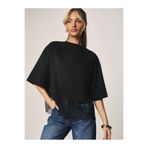 poswicon Siyah kısa kollu sıfır yaka crop oversized etek ucu dantel detaylı tişört
