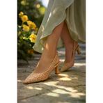 POTEEN Leydi Kadın Sivri Burun Slingback Topuklu Ayakkabı Bej Yazlık Şık Model C0006