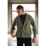 Potter Dokulu Selanik Kumaş Oversize Basic 3 Düğmeli Erkek Hırka - Avcı Yeşili