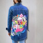 Poupee Kadın Kot Ceket, Kadın Denim Ceket, Mavi Uzun Kot Ceket, Patchwork Detaylı Ceket - 42