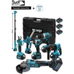 Power Black Profesyonel 7'lü Set Şarjlı Delici Kırıcı Hilti 2-26+125MM TAŞLAMA+450NM Somun SÖKME+10MM Darbeli Matkap Mavi - Mavi - Siyah