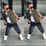 Poyraz Fashion Kids Erkek Çocuk Kot Pantalon Kargo Cepli Yeşil Yelek ve Tişört Takım Bayramlık Kombin - 00Yeşil - 2 - 3 Yaş