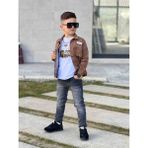 Poyraz Kids Erkek Çocuk Zincir Detaylı Ceket Mavi Kot Pantalon ve Kısa Kol Tişört Konbin Takım Giyım Bayramlık Kombin - Kahverengi - 6 - 7 Yaş