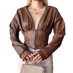POZİGİ Suni Deri Beli Korse Detaylı Kapüşonlu Crop Bluz (Kahverengi, Large)