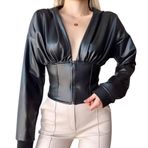 POZİGİ Suni Deri Beli Korse Detaylı Kapüşonlu Crop Bluz (Siyah, Small)
