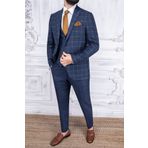 PR PACO ROMANO ART OF FASHİON Erkek Slim Fit Sivri Yaka Ekose Yelekli Koyu Mavi Kombin Takım Elbise