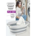 Pratik Katlanır Çamaşır Sepeti Kova ve Maşrapa Seti Gri 3'lü Set