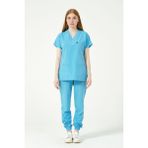 Pratik Medikal Bebe Mavi Likralı Scrubs Kargo Cep Jogger Paça Doktor Hemşire Forması Yarasa Kol Takım - Bebe Mavisi - XS