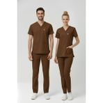 Pratik Medikal Friar Brown Likralı Scrubs Doktor Hemşire Forması Yarasa Kol Takım Unisex - Kahverengi - 2XL