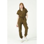Pratik Medikal Haki Likralı Scrubs Jogger Paça Doktor Hemşire Forması Yarasa Kol Takım Unisex - XS