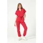 Pratik Medikal Nar Çiçeği Likralı Scrubs Kargo Cep Jogger Paça Doktor Hemşire Forması Yarasa Kol Takım Unisex - XL