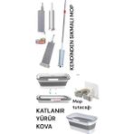 Premini Katlanır Kova ve Kendinden Sıkmalı Mikrofiber Mop Seti, Yedek Bez Hediyeli - Beyaz - Gri - Seçenek 1