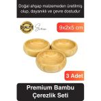 Premium 3'Lü Doğal Bambu Çerezlik Seti Ahşap Dekoratif Sade Kase Yuvarlak Atıştırmalık Kabı Sosluk
