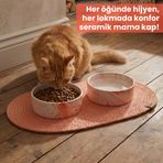 Premium 3'lü Evcil Hayvan Mama Kabı Seti 2 Adet Lüks Mermer Desenli Seramik Kase ve 1 Adet Oval Örgü Jüt Paspas, Kedi ve Köpek Su Yemek Tabağı Seti (TURUNCU)