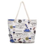 Premium Bon Voyage Gemi Çapa Dümen Pamuk Kanvas Tote Omuz Çantası Çanta, Kırık beyaz, One Size