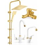 Premium Gold Duş Sistemi + Beyaz Gold Mutfak Bataryası Seti-Arıtmalı 4lü Set - Beyaz - Altın