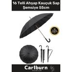 Premium Otomatik Mekanizma Baston Tip Rüzgar Korumalı Fiber 16 Telli Ahşap Kauçuk Sap Şemsiye 55cm