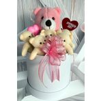 Premium Özel Hediye Kutusunda 25 cm Pembe Ayıcık ve 5 Adet Krem Peluş Minik Ayıcık Buketi