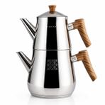 Premium Paslanmaz Çelik Çaydanlık Takımı, Ahşap Kaplama Saplı, 2.0L Alt Hazne, 1.1L Üst Demlik, Modern Tasarım