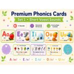 Premium Phonics Cards Set 1 – Short Vowel Sounds | A, E, I, O, U Ses Kartları | A5 Yatay Ingilizce Eğitim Kartları