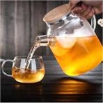 PremiumPort 1000 ml Bambu Kapaklı Isıya Dayanıklı Cam Bitki Çayı Demliği Cam Sürahi - Ahşap - Ceviz - Seçenek 1