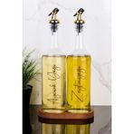PremiumPort 2'li 750 ml Ahşap Standlı Cam Yağlık Seti, Gold Tıpalı, Sıvı Yağ Şişesi - Seçenek 1