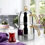 PremiumPort Çelik Çaydanlık ve Suluk Seti, Altın Kulp, Orta Boy, 1l ve 2l - Altın - Gümüş - Bakır - Seçenek 1