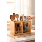 PremiumPort Çift Bölmeli Bambu Kaşıklık, Pencereli, 18X9X13 Cm, Şık ve Kullanışlı - Ahşap - Bej - Seçenek 1