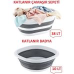 PremiumPort Katlanabilir Sepet ve Badya Seti, 48 Lt Toplam Hacim, Pratik Kullanım - Seçenek 1 - Ahşap - Bej - Siyah