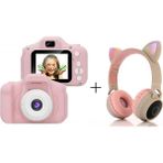 PremiumPort Mini Hd Çocuk Dijital Fotoğraf Makinesi ve LED Işıklı Kedi Kulaklık Seti - Ahşap - Bej