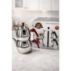 PremiumPort Paslanmaz Çelik Aile Boy Çaydanlık Seti, 2l Alt, 1l Üst, Kapsül Taban - Açık Beyaz - Gri - Seçenek 1