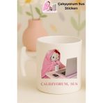 PremiumPort Sevimli Kedili ve Hello Kitty Yazılı Komik Kupa Bardak + 10 Sticker - Seçenek 1 - Ahşap - Bej - Siyah