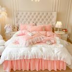 Prenses Beyaz Yatak Seti Dantel Fırfır Şifon Nevresim Düz Pembe Yatak Etek & Yastık Kılıfı King Size 4 Parça Ev Tekstili Koleksiyonu.