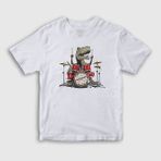Presmono Unisex Çocuk Beyaz Dinos Dinozor Drums Bateri T-Shirt - 9 - 10 Yaş