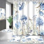 Pretyw 4 parçalı mavi çiçekli duş perdesi seti, kelebek çiçek banyo seti, duş perdesi ve kilim, mavi beyaz banyo perdesi, çiftlik evi ev dekorasyonu için kancalı