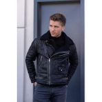 PRİFALDİ Erkek Siyah Napa Deri Çapraz Yaka Mont