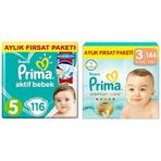 Prima Aktif Bebek, Bebek Bezi 5 Numara, 116 Adet Aylık Fırsat Paketi ve Prima Premium Care Bebek Bezi 3 Numara 144 Adet Aylık Fırsat Paketi