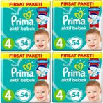Prima Bebek Bezi 4 Beden Maxi 9-14 kg 54'lü 4 Paket 216'lı