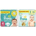 Prima Bebek Bezi Aktif Bebek 4 Numara 136 Adet Aylık Fırsat Paketi & Prima Bebek Bezi Premium Care 1 Beden 70 Adet Yenidoğan Jumbo Paket