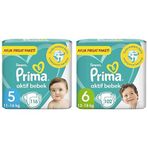 Prima Bebek Bezi Aktif Bebek 5 Numara 116 Adet Aylık Fırsat Paketi & Prima Bebek Bezi Aktif Bebek 6 Numara 102 Adet Ekstra Large Aylık Fırsat Paketi