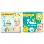 Prima Bebek Bezi Premium Care 1 Beden 70 Adet Yenidoğan Jumbo Paket & Prima Bebek Bezi Aktif Bebek 2 Numara 72 Adet Ekonomik Paket