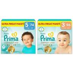 Prima Bebek Bezi Premium Care 5 Numara 74 Adet Ultra Fırsat Paketi ve Prima Bebek Bezi Premium Care 3 Numara 96 Adet Ultra Fırsat Paketi