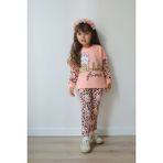 Prime Butik Hello Kız Çocuk Leopar Kollu Taytlı Takım 2li - Somon - 5 - 6 Yaş
