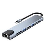 PrimeX PX-U520 8 in 1 Type-C Çoklayıcı Adaptör, 4K 30Hz HDMI USB-C Hub, 2x USB 3.0 RJ45 Gigabit Ethernet SD Micro SD Kart Okuyucu 2x PD Şarj Portlu Gri Metal USB-C Çevirici, MacBook Laptop PC için