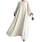 Pringbud Katı Piskopos Kol Kaftan Abaya, Zarif Sıfır Yaka Maksi Boy Elbise, Kadın Giyim, Bej, S